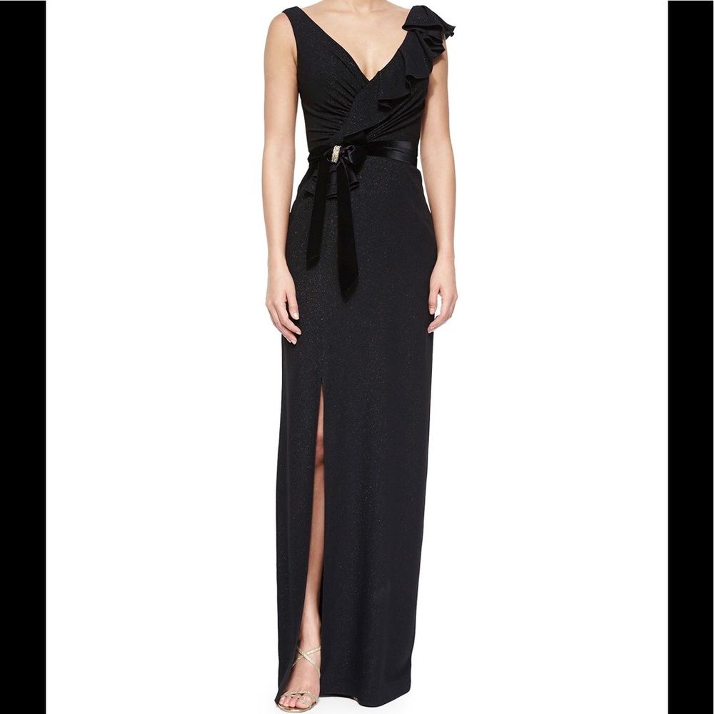 SOLD  Jenny Packham Black Ruffled Wrap Gown- New